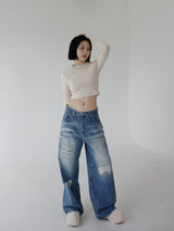 ローライズパッチデニムズボン/low-rise patch denim trousers