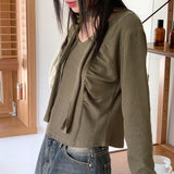 [Scarp Set] Purden V-neck Side Shirring Cropped Long-Sleeved T-shirt