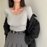 [Bellide made/Modal 37%] Waist-Emphasizing  side shirring U-neck T-shirt