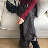 タポダイアゴナルカットウォッシュドロングワイドデニムパンツ