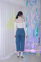 ジッパーショルダーメッシュクロップTシャツ/TOP(8304) Zipper Shoulder Mesh Crop Tee
