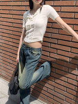 インフィレトロウォッシュインシジョンヒッププリントブーツカットデニムパンツ/Infi Retro Washing Incision Hip Printing Bootcut Denim Pants