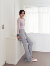 Boat Neck Two-Tone Long Sleeve Top (PINKGREY)