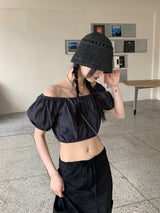 ミネンデニムオフショルダークロップド半袖ブラウス / Minen Denim Off Shoulder Cropped Short Sleeve Blouse