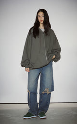  BLUR HEART LOOSE HOODIE ZIP UP_KHAKI