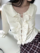 ブルダスプリングラッフルアイレットストラップ長袖ブラウス/Vulda Spring Ruffle Eyelet Strap Long Sleeve Blouse