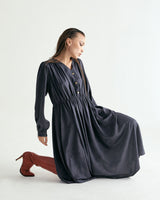 V-NECK CREASE SHIRRING ONEPIECE - DARK GRAY (6635995660406)