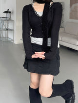 Vネックレースリブカーディガン / V-neck lace ribbed cardigan