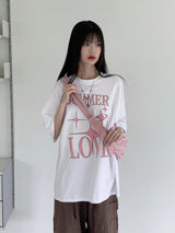 サマーラブハートプリンティングボクシーオーバーサイズフィット半袖Tシャツ / Summer Love Heart Printing Boxy Oversized Fit Short-Sleeved T-Shirt