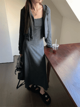 Charcoal hooded zip-up one-piece set