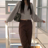 Bien off-shoulder two-way button slit V-neck long sleeve knit
