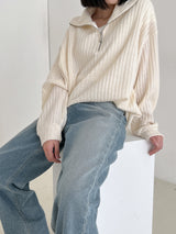 リブハーフジップアップニット/Ribbed Half Zip Up Knit (4color)