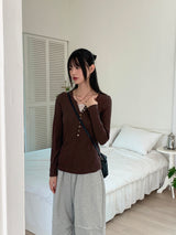 Toot lace layered button ribbed long-sleeve knitwear
