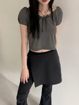 Kelle ribbon shirring mesh air puff cropped short-sleeved T-shirt