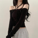 Naso sherring Halterneck Layered Off-Shoulder Long-Sleeved T-Shirt (3 colors)