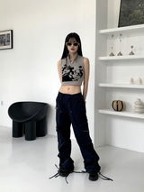 イアンヒッププリントクロップニットハーフジップアップベスト / Ian Hip Printing Crop Knit Half Zip-up Sleeveless Shirt