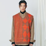 チェックニットベスト / Argyle & hound check knit vest orange