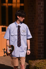 ドントウォーリーハンバーガーユニセックス半袖ワークシャツ / Dont Worry Hamburger Short-Sleeved Unisex Work Shirt