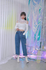 ジッパーショルダーメッシュクロップTシャツ/TOP(8304) Zipper Shoulder Mesh Crop Tee