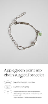 アップルグリーンポイントミックスチェーンサージカルブレスレット/Applegreen point mix chain surgical bracelet
