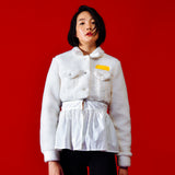 [WOMEN] Faux-Shearling Detachable Skirt Trucker Jacket (White) (6656349143158)