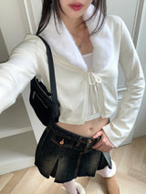 Kime collar fur ribbon string long sleeve cardigan