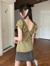 ブロングVネックシャーリングプリーツパフ半袖ブラウス