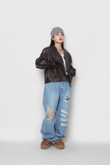 クロップレザーカーディガン / Crop leather cardigan