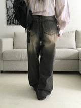 Techi string washed wide denim pants
