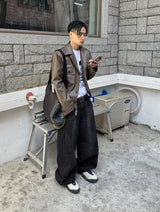 スナップワイドブラックデニムパンツ
