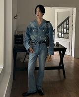カラーレスデニムジャケット/Collarless denim jacket