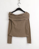 Iku striped button slit off-shoulder long sleeve T-shirt