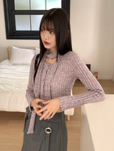 [Muffler Set] Forearm Bokashi Ribbed Button Cardigan