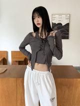ケイタオールインワンホルターアイレットクロップド長袖Tシャツ / Keita all-in-one halter eyelet cropped long-sleeved T-shirt
