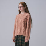 V-NECK CABLE KNIT PULLOVER, APRICOT