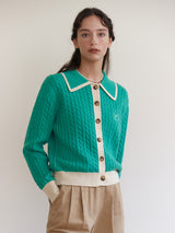 BUTTON COLLAR CABLE CARDIGAN GREEN