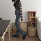 Kimun Y2K crack washed gold embroidery long bootcut denim pants
