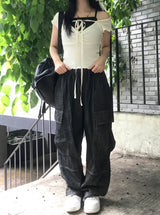 linen denim big pocket balloon cargo pants