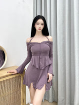 キラホルターオフスリットミニワンピース/793. Kira halter off slit mini ops (2color)