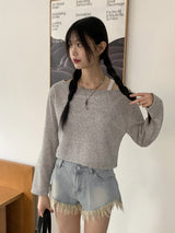 リードリネンボートネックビーチウェアクロップド長袖Tシャツ / Reid linen boat neck beach wear cropped long-sleeved T-shirt