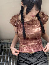 ピコットタイダイプリントリボンストリング半袖Tシャツ / Picot Tie Die Printed Ribbon String Short-Sleeved T-Shirt