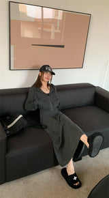 Charcoal hooded zip-up one-piece set