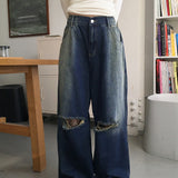 Tiso Damage Back-Banding Washed Denim Long Wide Pants