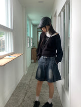 High knee ribbed V-neck semi-crop long-sleeve knit