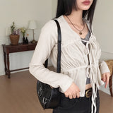 Dati strap shirring ribbed long sleeve cardigan