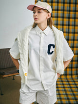 Cパッチユニセックス半袖オクスフォードシャツ / C Patch Short-Sleeved Unisex White Oxford Shirt