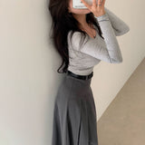[Bellide made/Modal 37%] Waist-Emphasizing  side shirring U-neck T-shirt
