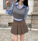 [3color] ストライプクロップドシャツ＆クロップドベストニットウェアセット