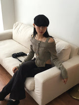 Tempt off-shoulder cut line ribbed crop zip-up