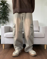 Mud Washing Cargo Denim Pants